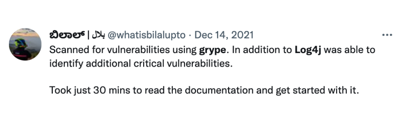 tweet about using Grype to find log4j vulnerability