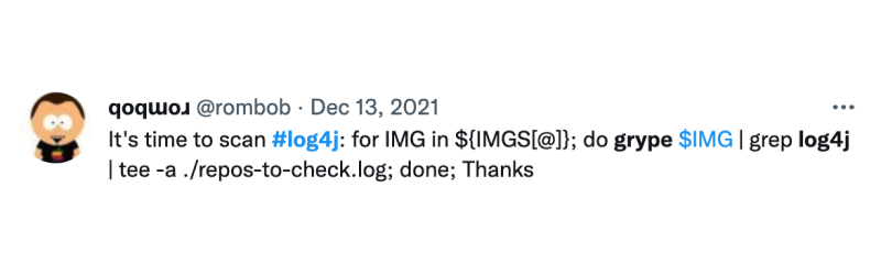 tweet about using Grype to find log4j vulnerability