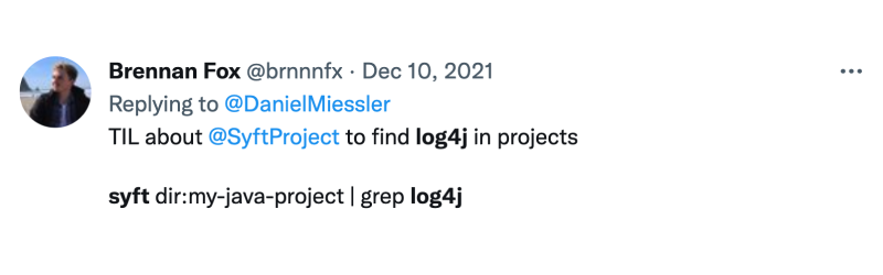 tweet about using Syft to find log4j vulnerability