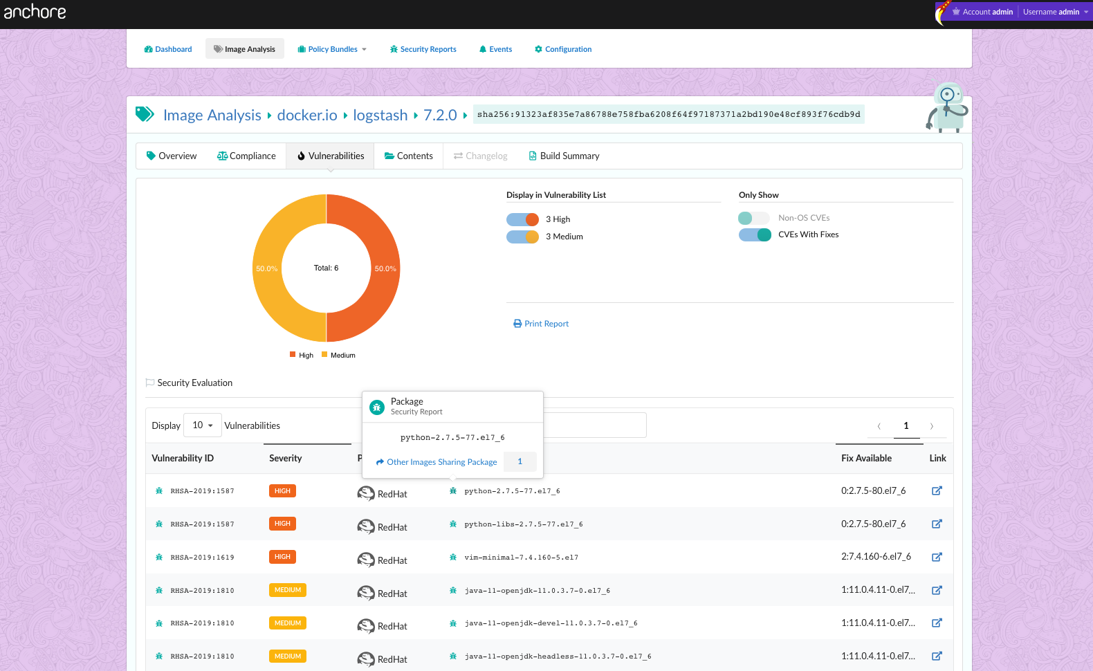 screenshot of anchore vulnerabilities view